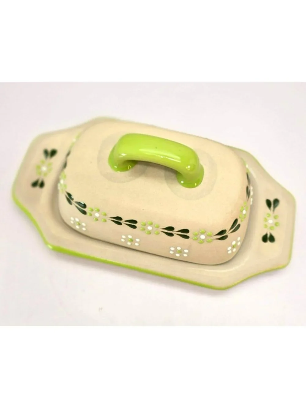 Vintage Ceramic Butter Dish & Lid With Green Floral Design Hand-Painted CM2352